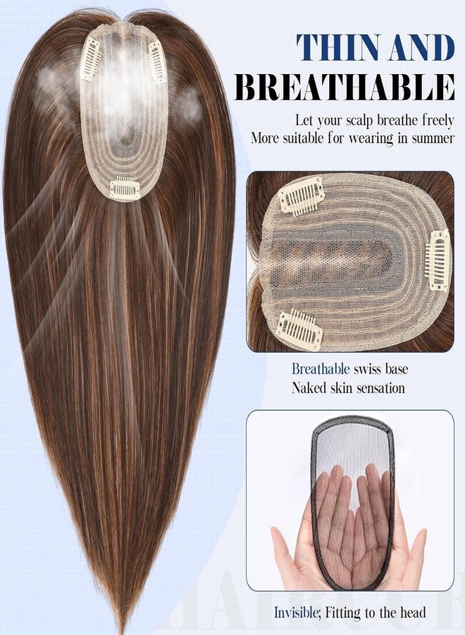 starluck 14-Inch Chestnut Brown & Honey Blonde Topper – Synthetic Hairpiece, Swiss Base with 3 Clips – Ideal for Thinning or Grey Hair, Women’s Wiglet for Volume & Coverage - Image 2